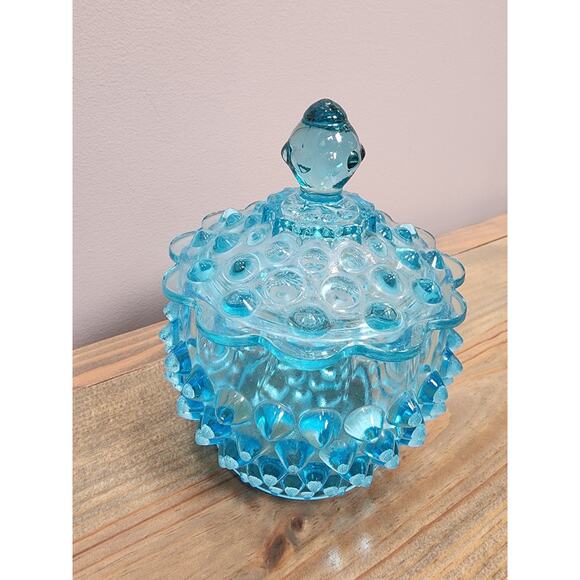 Hobbs Brockunier Candy Sugar w/ Lid Dew Drop Aqua Blue Hobnail Glass c. 1886 - Picture 3 of 7